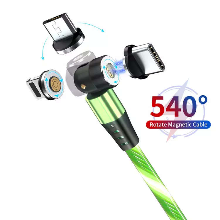 3 in 1 Luminous LED Magnetic Cable 3A Data Fast Charging 540 Rotatable 2m Micro, USB C, IOS (Green)