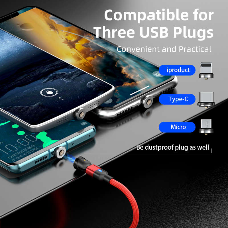 3 in 1 Magnetic Cable 3A Data Fast Charging 540 Rotatable 2m Micro, USB C, IOS Nylon Braided (Red)