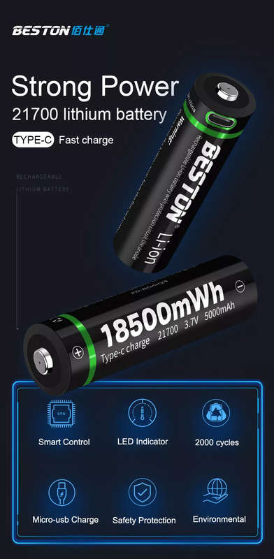 BESTON 21770 USB C Rechargeable Lithium Battery | 3.7V | 5000mAh | 1 Pack