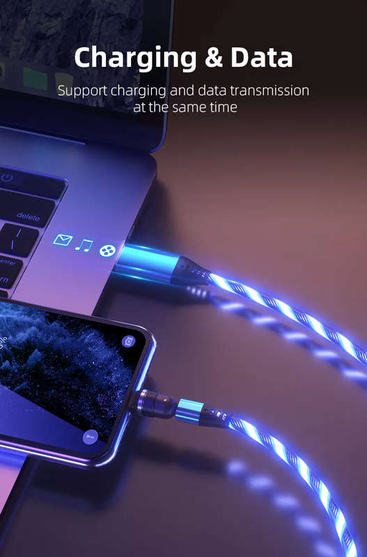 3 in 1 Luminous LED Magnetic Cable 3A Data Fast Charging 540 Rotatable 2m Micro, USB C, IOS (Green)