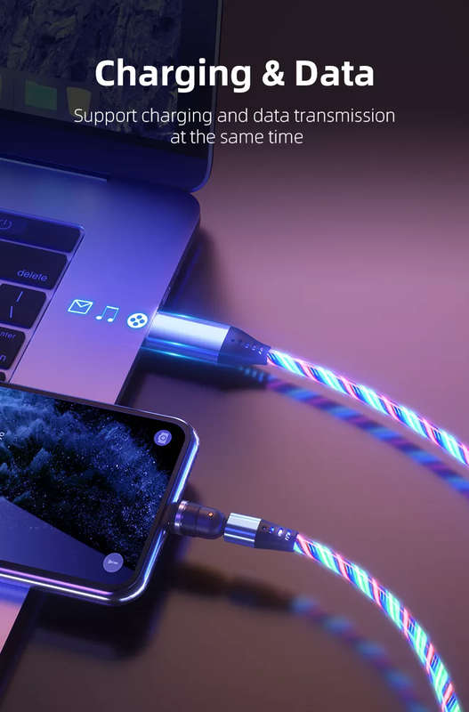 3 in 1 Luminous LED Magnetic Cable 3A Data Fast Charging 540 Rotatable 2m Micro, USB C, IOS (Mult...