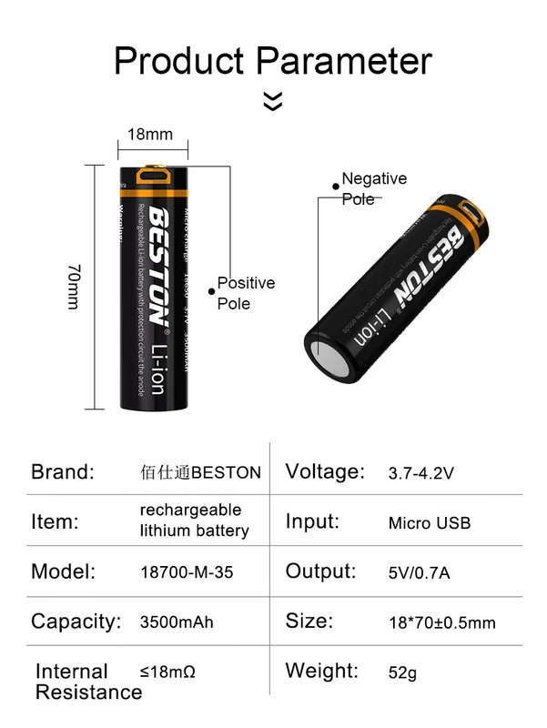 BESTON 18700 Micro USB Rechargeable Lithium Battery | 3.7V | 3500mAh | 1 Pack