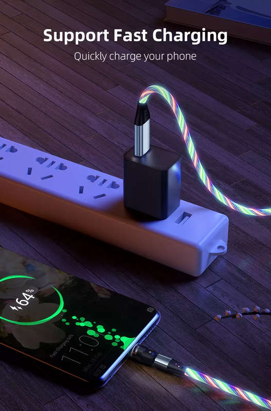 3 in 1 Luminous LED Magnetic Cable 3A Data Fast Charging 540 Rotatable 2m Micro, USB C, IOS (Mult...