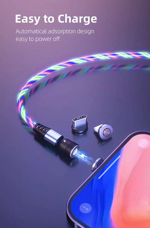 3 in 1 Luminous LED Magnetic Cable 3A Data Fast Charging 540 Rotatable 2m Micro, USB C, IOS (Mult...