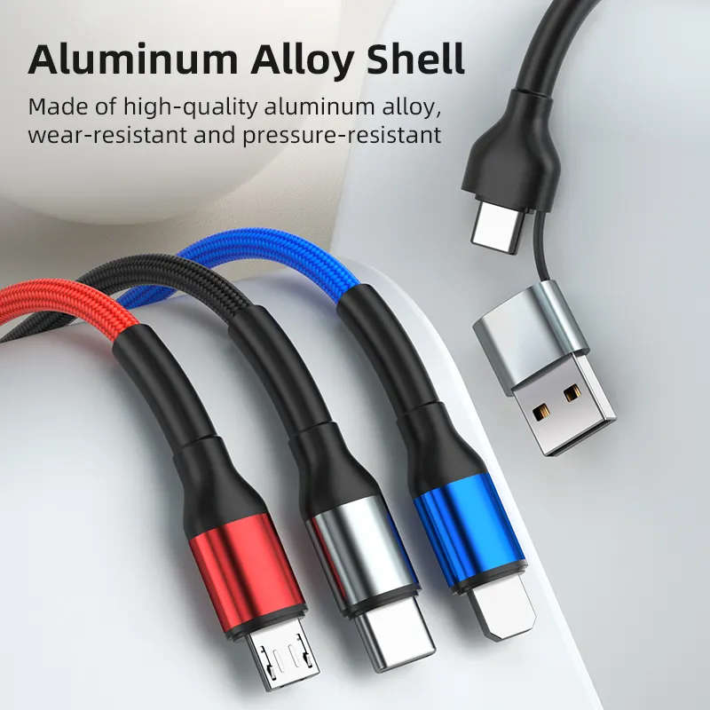 6 in 1 USB A or C to Micro USB, USB C, IOS Cable Fast Charging PD60W 1.2m Nylon Braided (Black)
