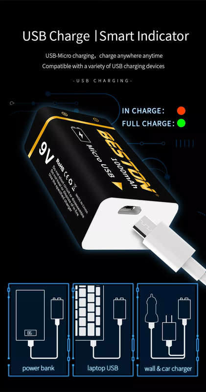 BESTON 9V Micro USB Rechargeable Lithium Battery | 9V | 400mAh | 1 Pack