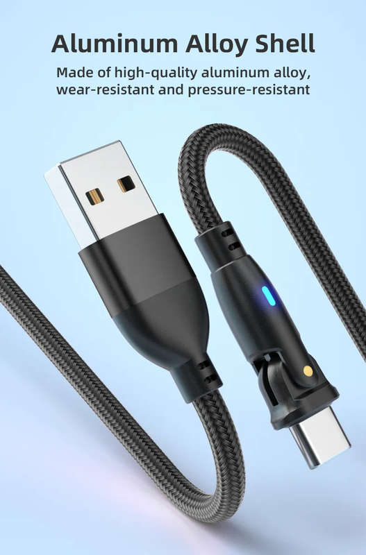 USB A to USB C Cable 3A 180° Rotatable Data Fast Charging 2m Nylon Braided (Black)