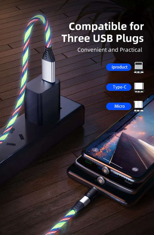 3 in 1 Luminous LED Magnetic Cable 3A Data Fast Charging 540 Rotatable 2m Micro, USB C, IOS (Mult...
