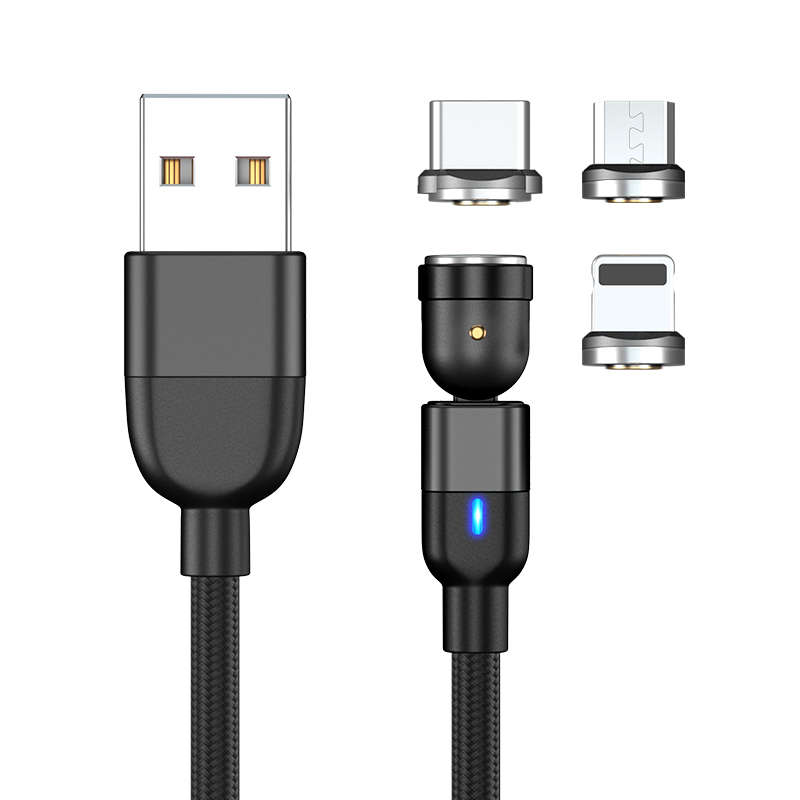 3 in 1 Magnetic Cable 3A Data Fast Charging 540 Rotatable 2m Micro, USB C, IOS Nylon Braided (Black)