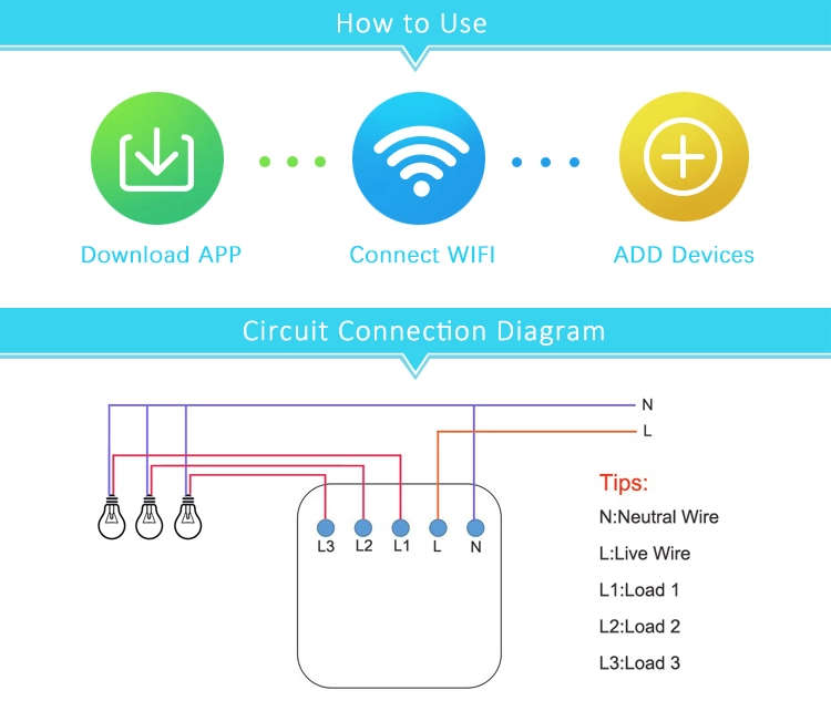 WIFI Control Smart Life Tuya 3CH US LED Neutral or No Neutral Smart Switch with RF433Mhz (Black)