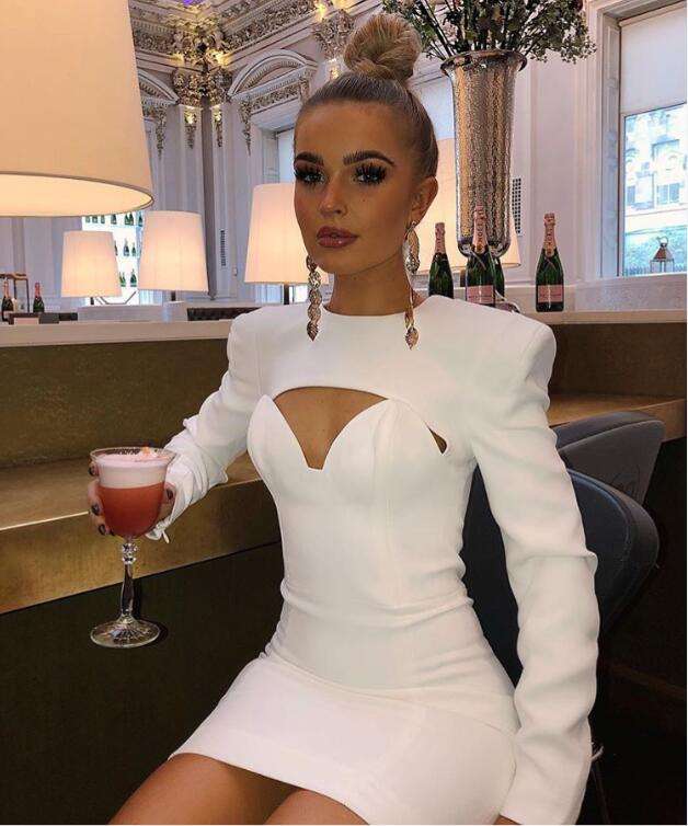 High Quality White Long Sleeve  Bodycon Dress - White / S