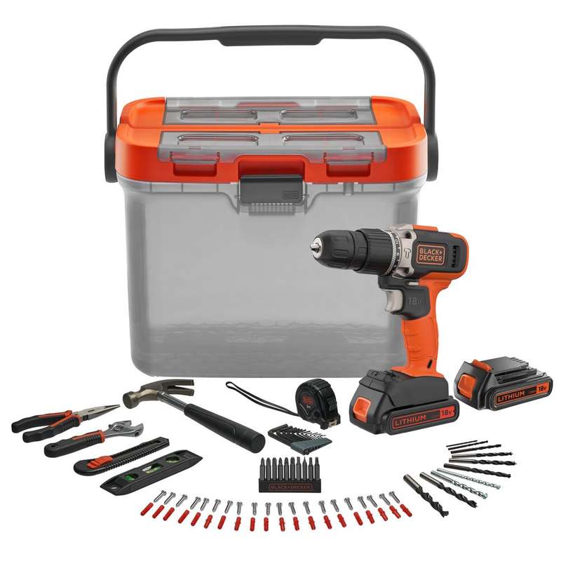 Black & Decker 18V Hammer Drill + 2x1.5Ah 400mA + 78 Accs &Tra Box | BCKSB03-QW