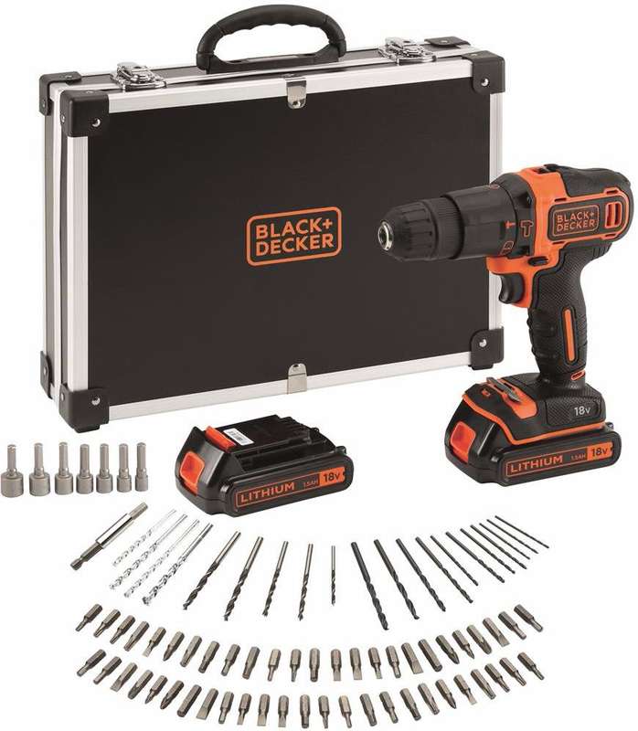 Black & Decker - 18V Cordless Hammer Drill & 80 Accessories & Metal Case