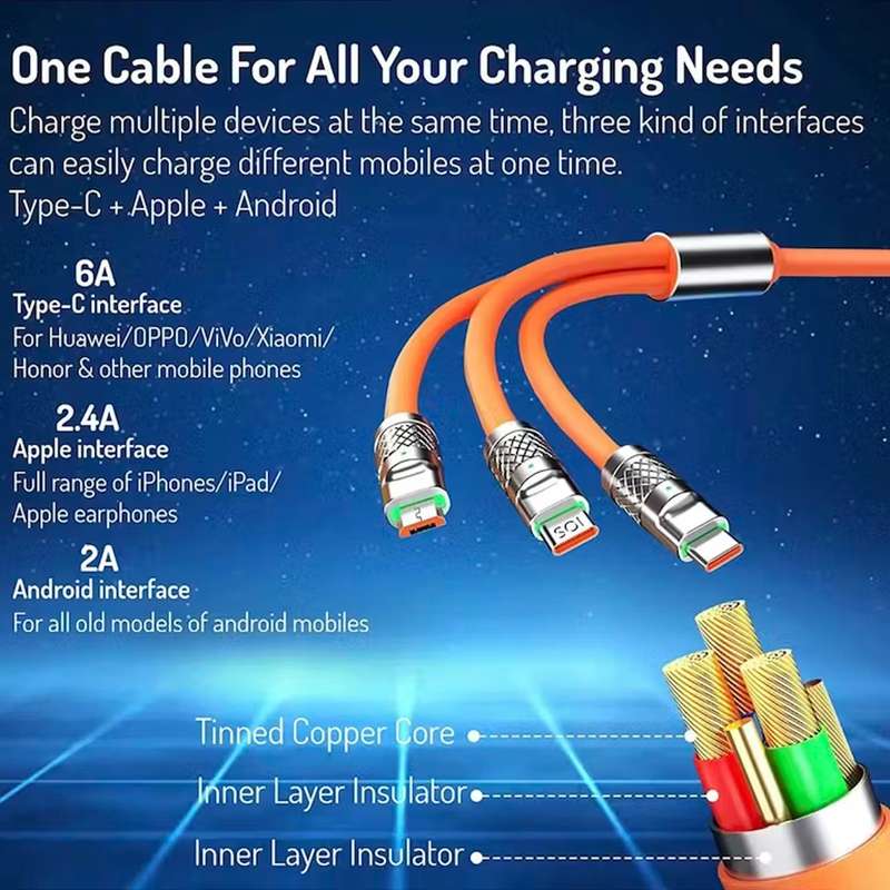 Retractable Fast Charging Cable 1.2m 100W 6A 3-in-1 Durable - Black