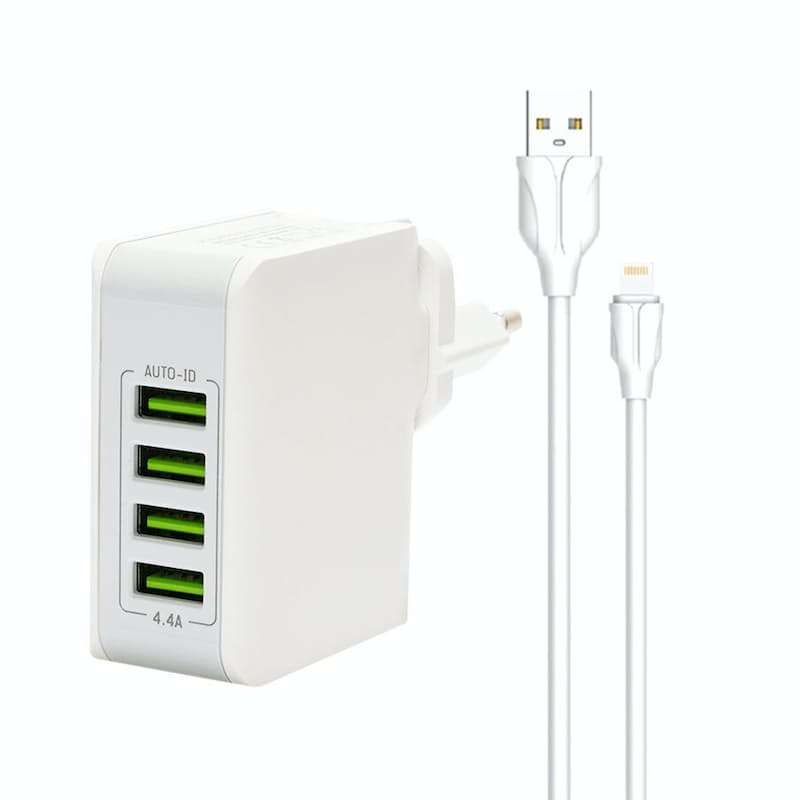 LDNIO 4-Port USB Auto-ID 4.4A Fast Charging Adapter & Lightning Charging Cable