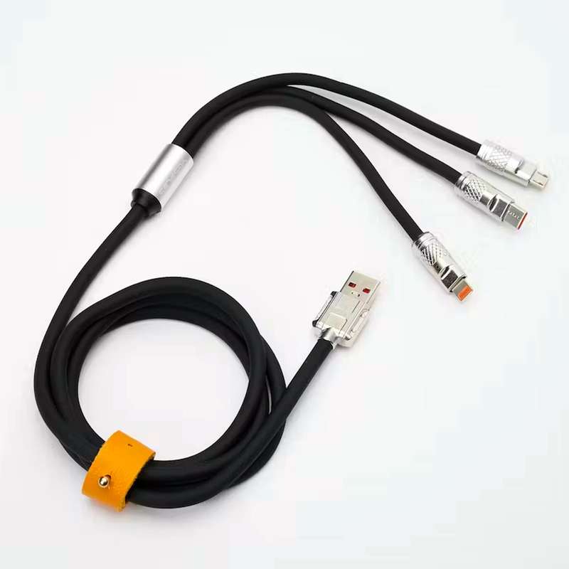 Retractable Fast Charging Cable 1.2m 100W 6A 3-in-1 Durable - Black