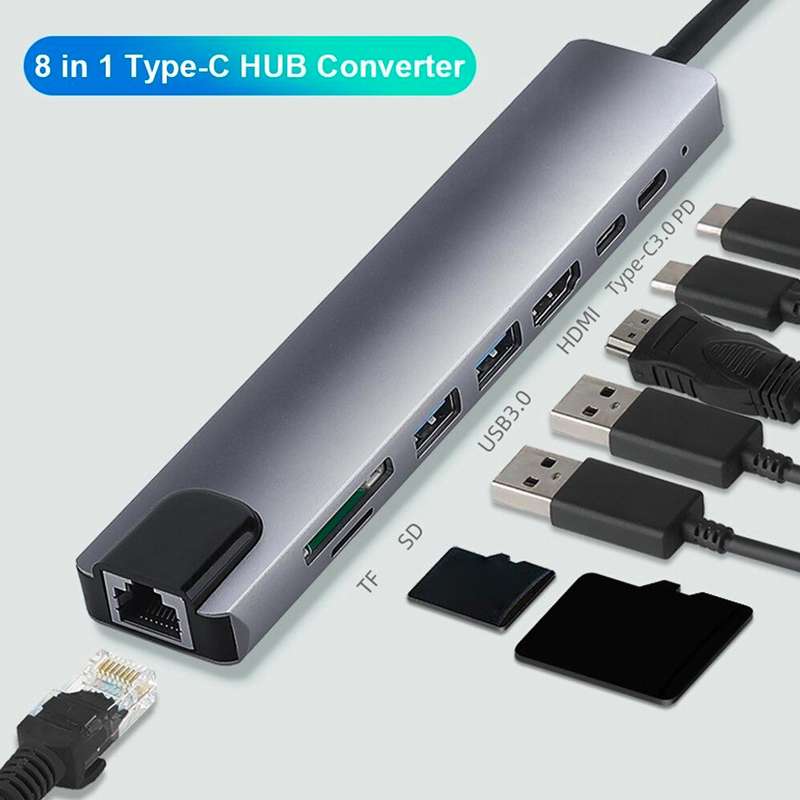 Portable 8 In 1 Type-c Hub To Usb 3.0 Usb-c Hdmi Lan Rj45 Sd Tf Adapter
