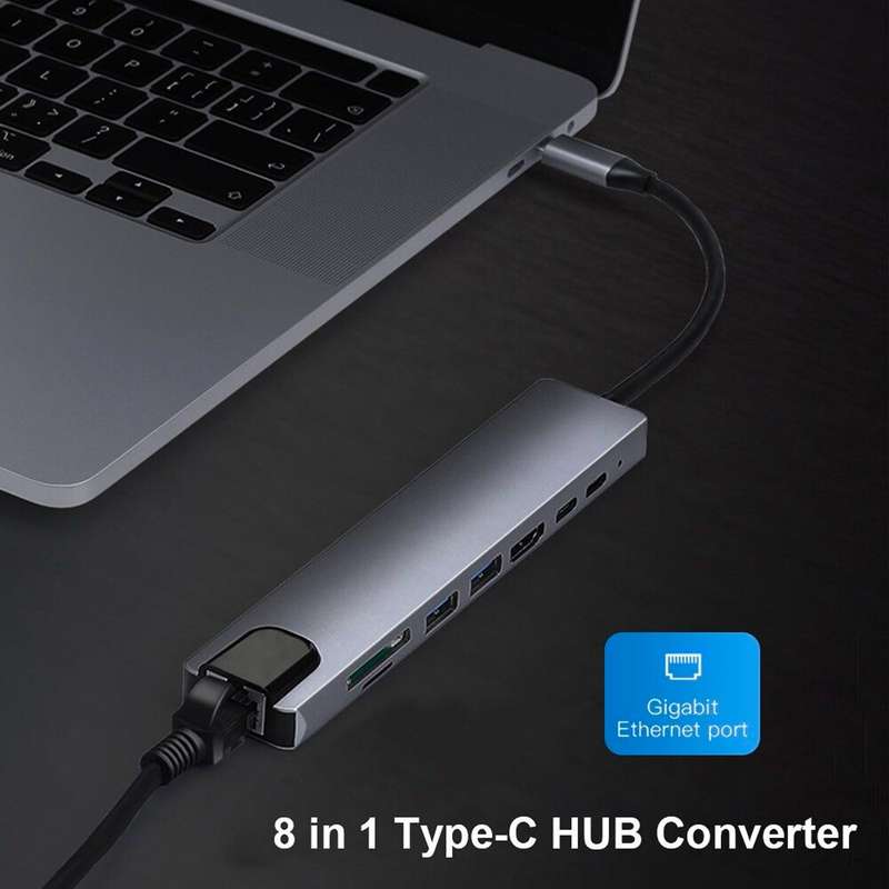 Portable 8 In 1 Type-c Hub To Usb 3.0 Usb-c Hdmi Lan Rj45 Sd Tf Adapter