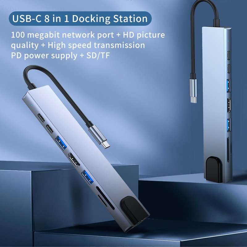 Portable 8 In 1 Type-c Hub To Usb 3.0 Usb-c Hdmi Lan Rj45 Sd Tf Adapter