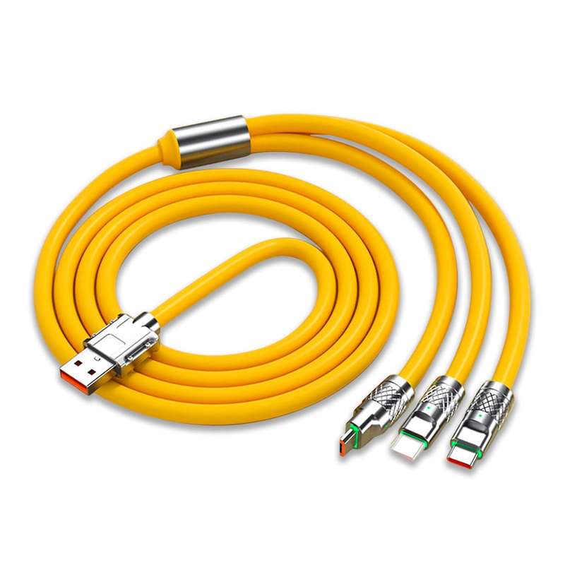 Retractable Fast Charging Cable 1.2m 100W 6A 3-in-1 Durable - Yellow