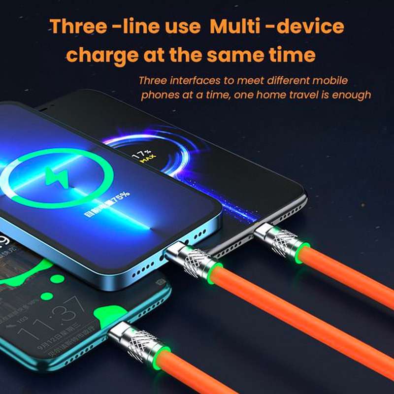 Retractable Fast Charging Cable 1.2m 100W 6A 3-in-1 Durable - Black