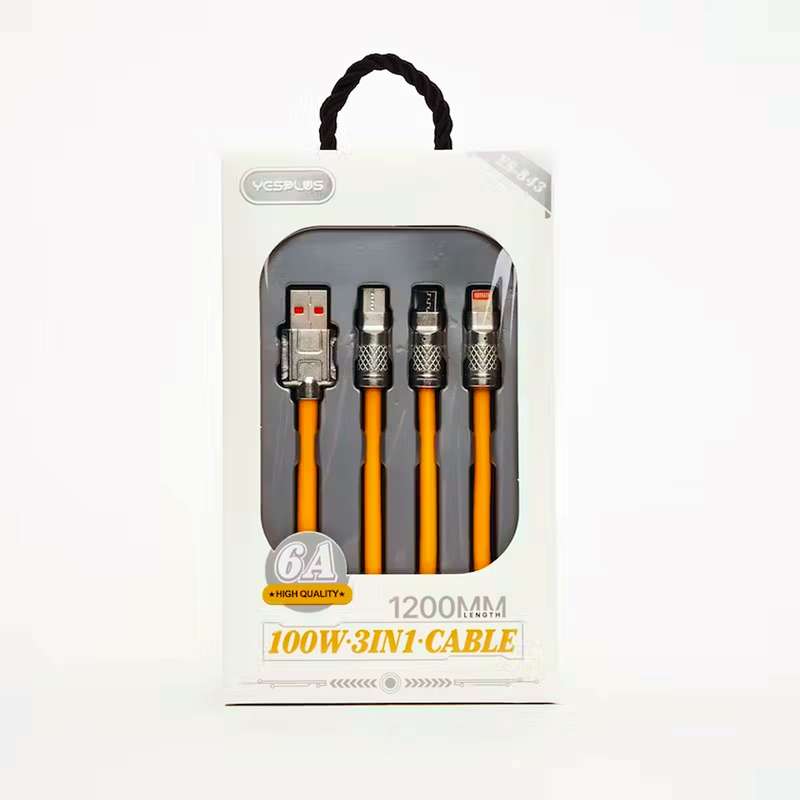 Retractable Fast Charging Cable 1.2m 100W 6A 3-in-1 Durable - Yellow