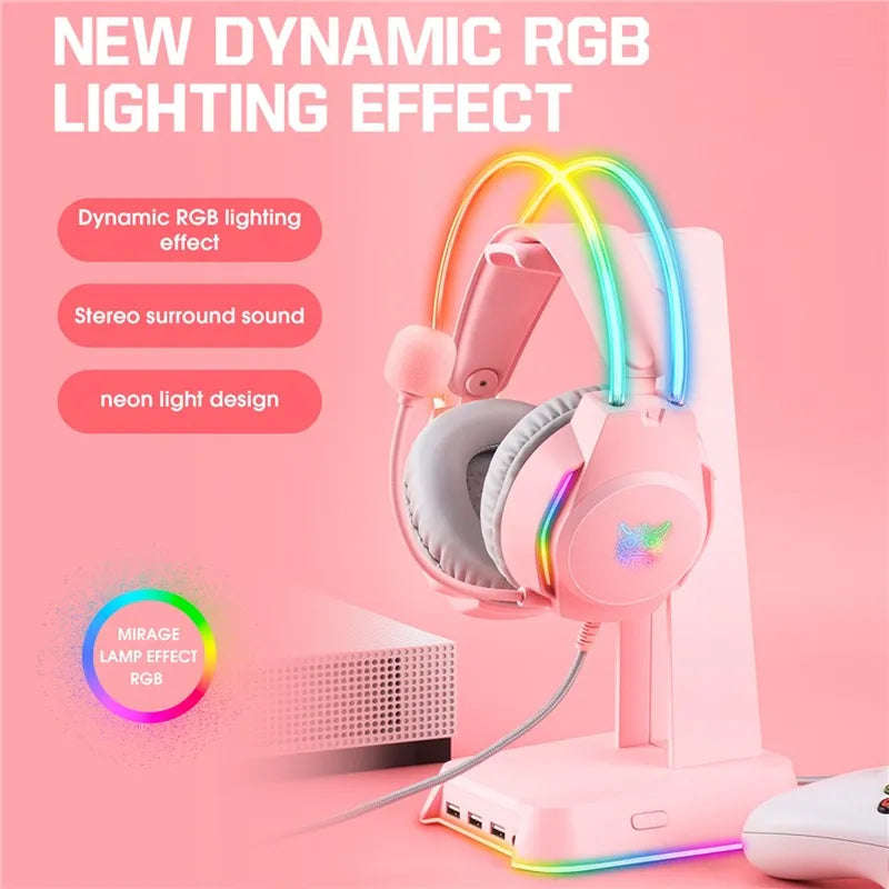 ONIKUMA X26 E-sports Gaming Headset with RGB Lighting Noise Reduction Wired Headphone - Pink