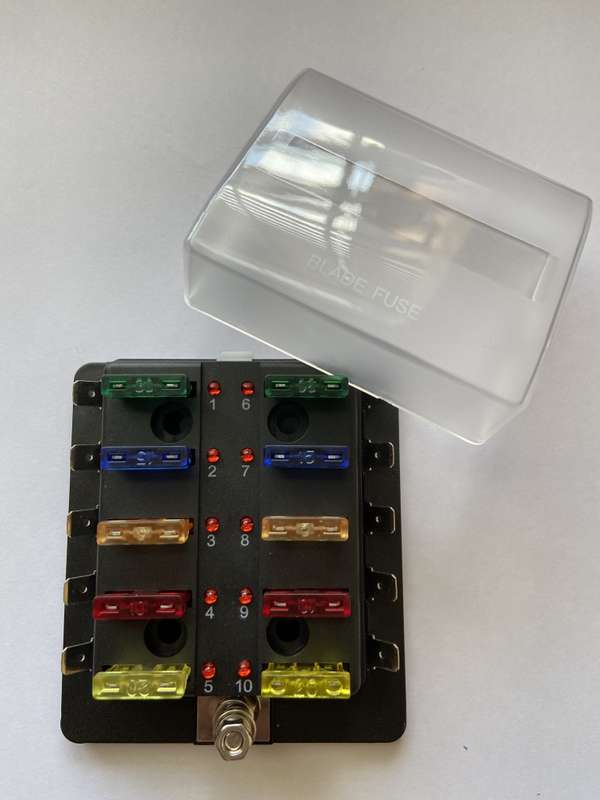 10 Way Blade Fuse Box with LED - Spade Terminal