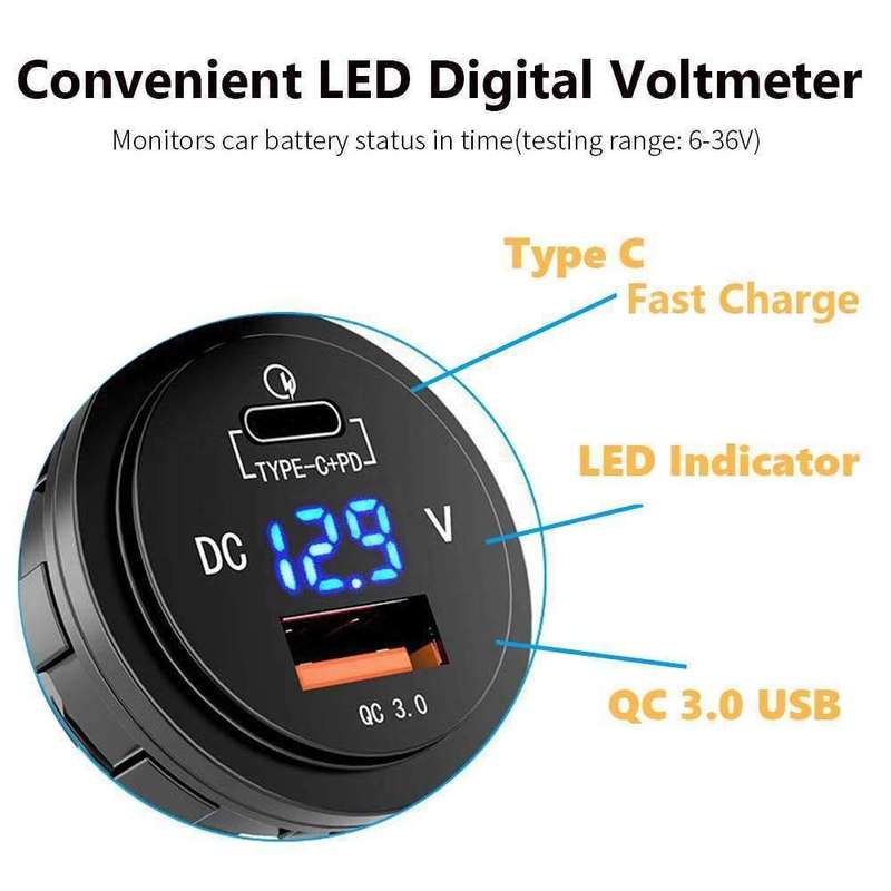 QC3 USB Charger With Volt Meter & C-Type Port - Blue LED