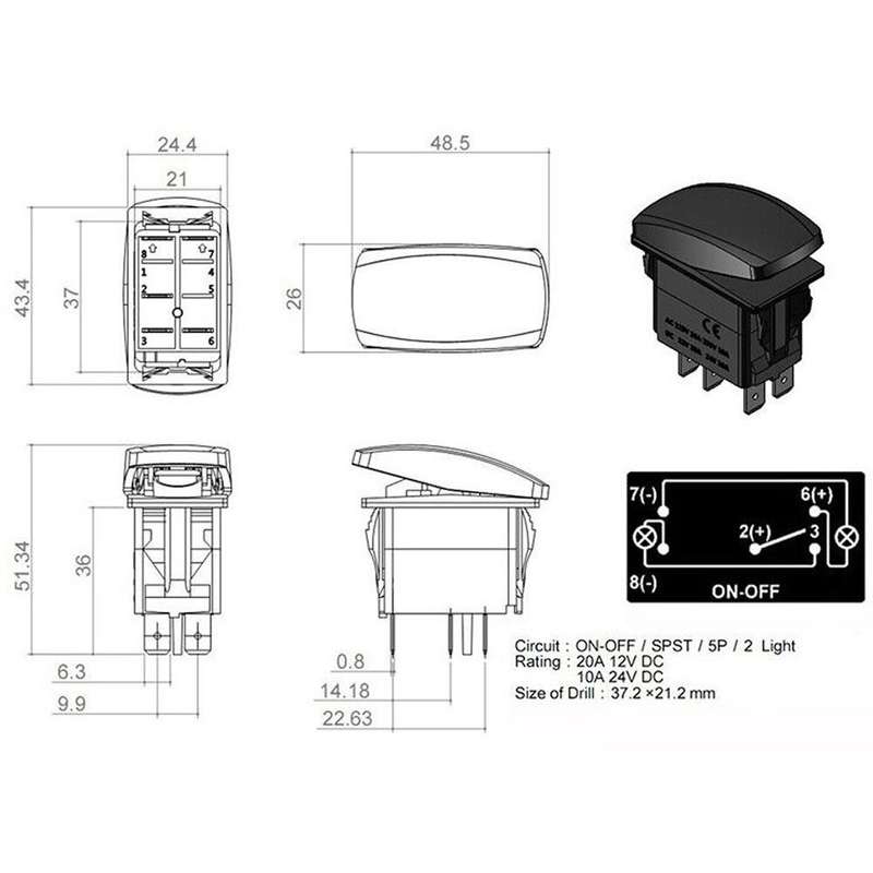 Rocker switch, on-off, blue LED - LED light bar