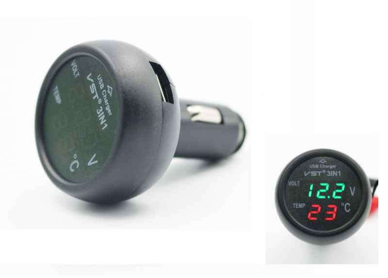 3 in 1 VST-706 Digital LED car Voltmeter Thermometer Auto Car USB Charger 12V/24V Cigarette Lighter
