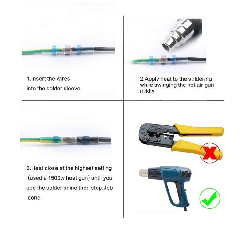 Heat Shrink Solder Sleeve Crimpless Butt Connectors Blue 14-16 AWG