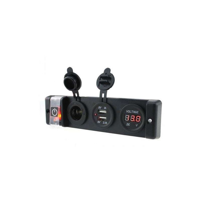 Switch panel with voltmeter with USB charger & power socket and on-off switch