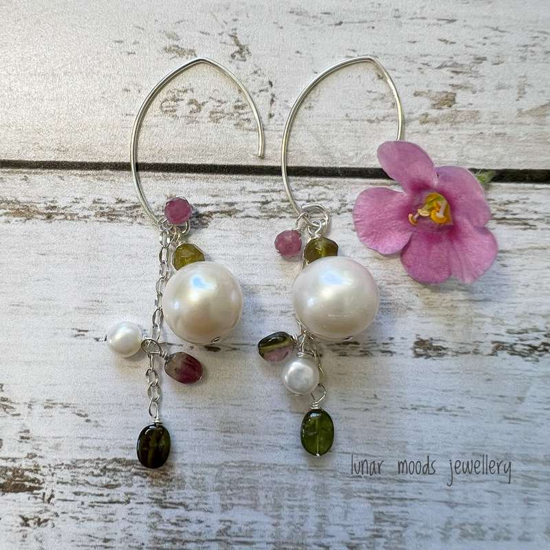White Pearls with Green and Pink Tourmaline Earrings
