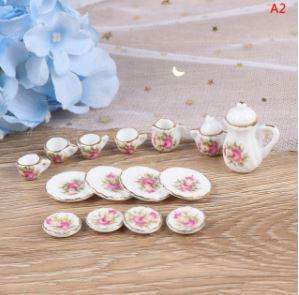 Miniature Tea Set (for Printer's Tray/Dollhouse) Pink & Green Floral
