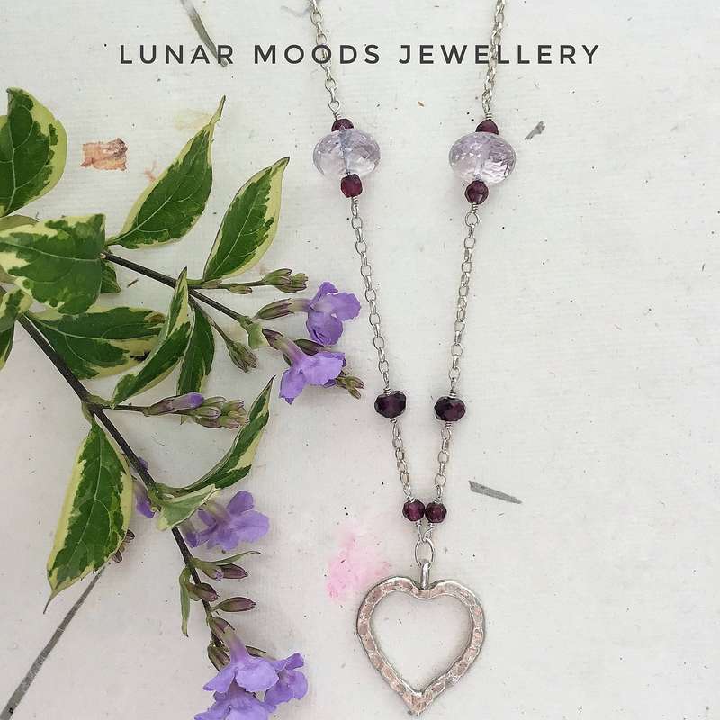 Amethyst, Garnets & Sterling Silver Heart Necklace