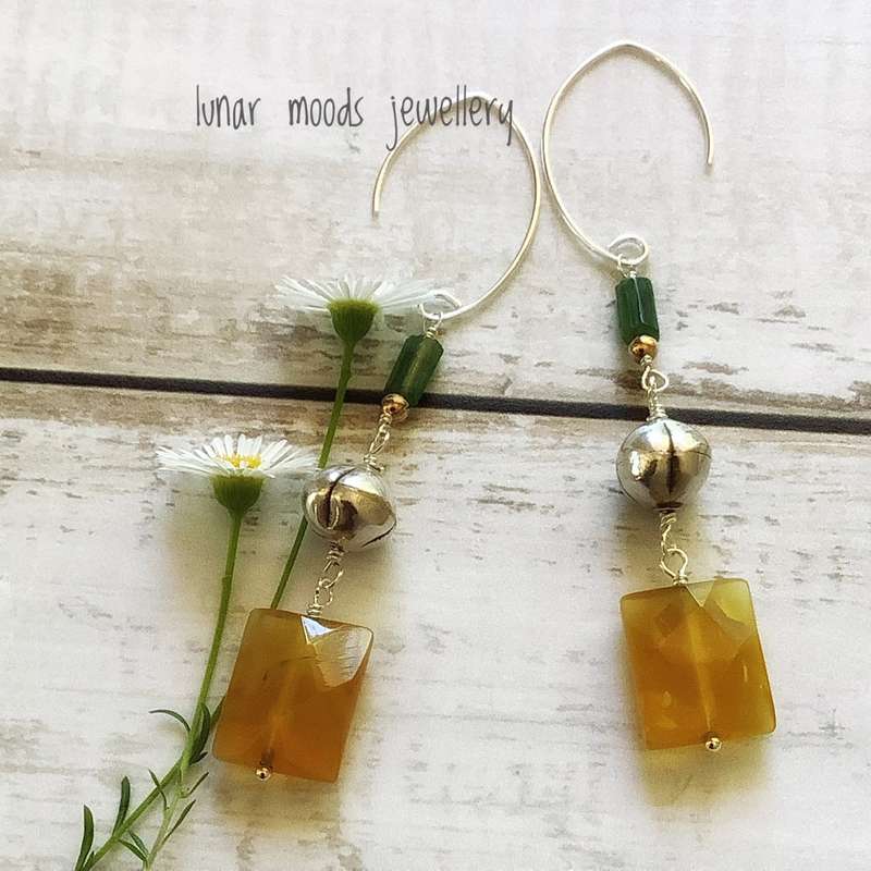Yellow Onyx & Green Tourmaline Sterling Silver Earrings