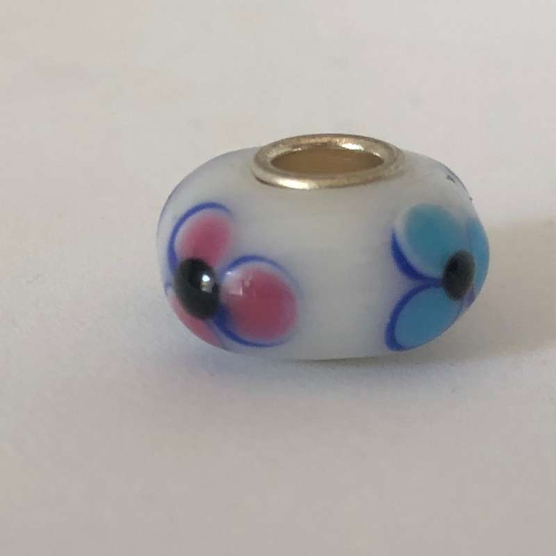 Bead Fitting Pandora Murano-Type White Pink & Blue Flowers