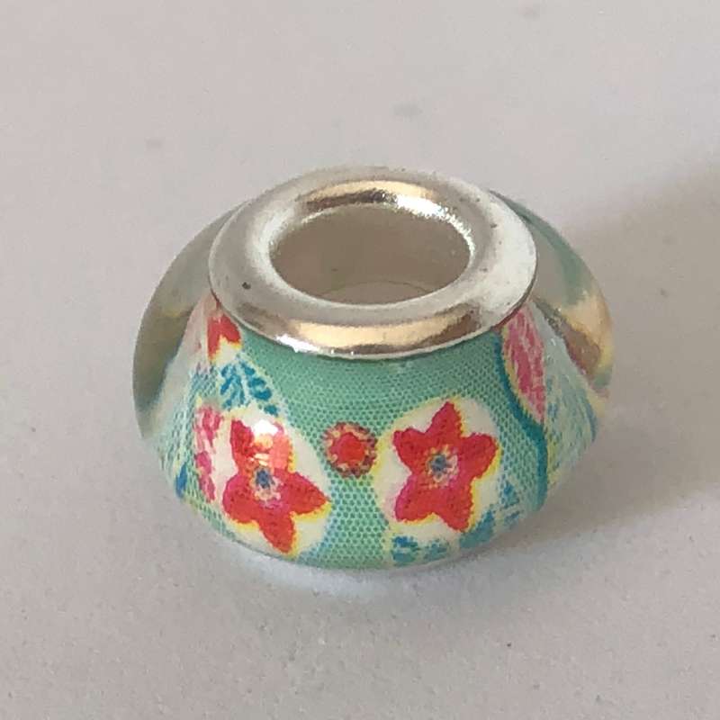 Bead Fitting Pandora Murano-Type Clear Light Blue & Red Flower Garden Design