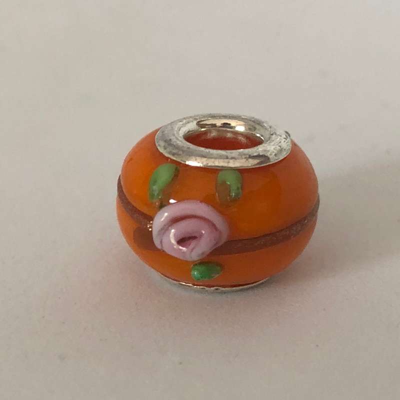 Bead Fitting Pandora Murano-Type Orange Ceramic Pink Rose & Green Leaves