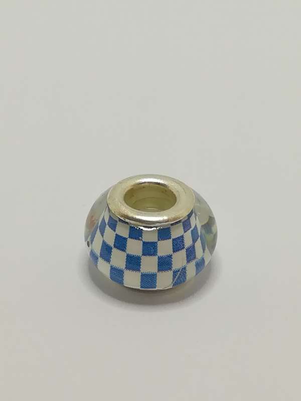 Bead Fitting Pandora Murano-Type Clear Blue & White Checkboard Design
