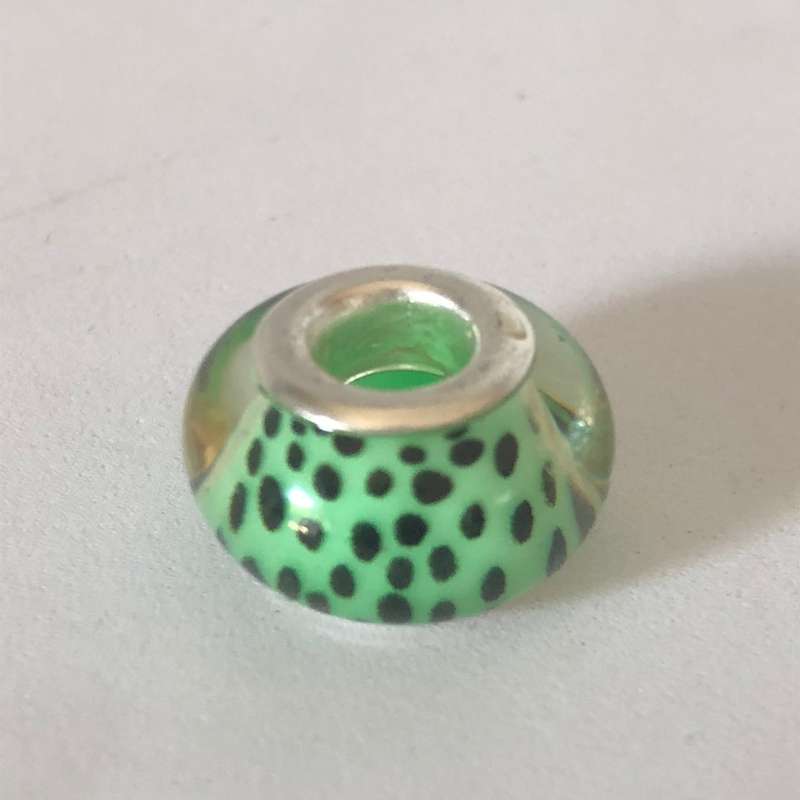 Bead Fitting Pandora Murano-Type Light Green Small Black & Large White Spots