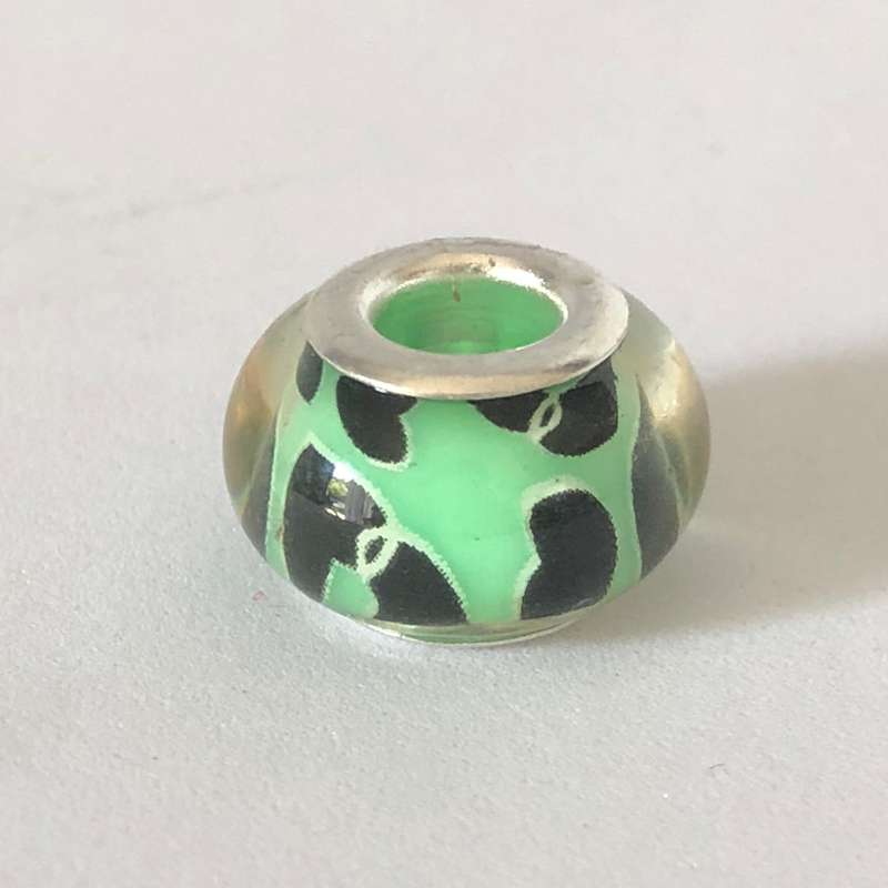 Bead Fitting Pandora Murano-Type Light Green Double Black Heart