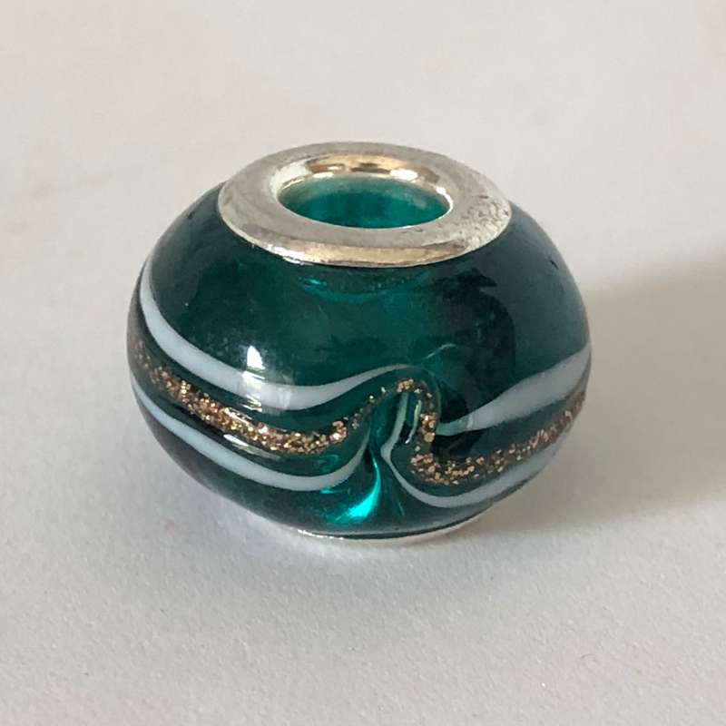 Bead Fitting Pandora Murano-Type Dark Blue/Green White & Bronze Line