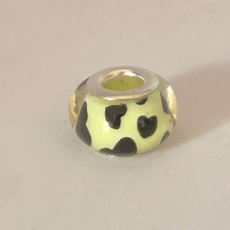 Bead Fitting Pandora Murano-Type Light Yellow & Black Hearts