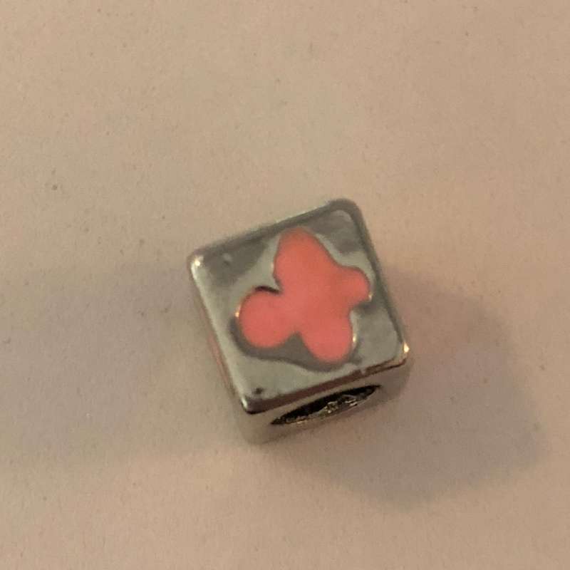 Bead Fitting Pandora 'Silver', Cube Pink Flower, Enamel, Spacer