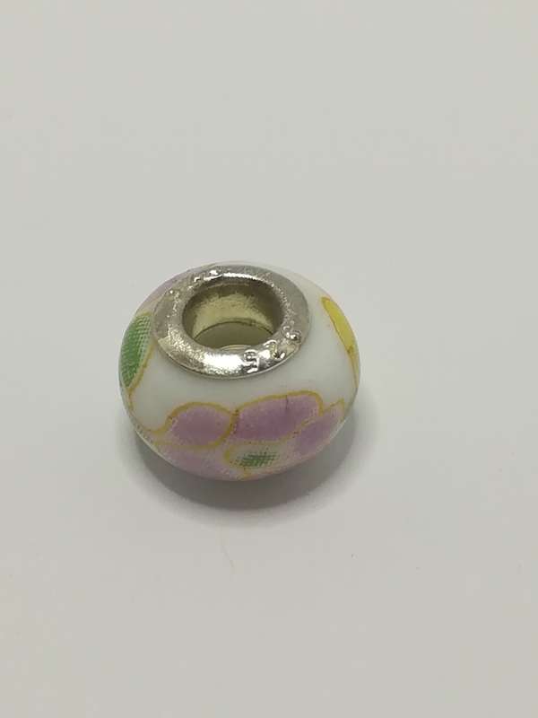 Bead Fitting Pandora Murano-Type Ceramic, White Yellow & Pink Flower