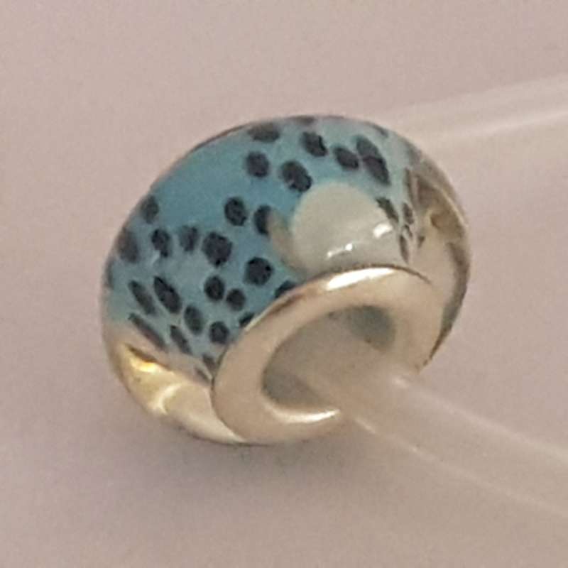 Bead Fitting Pandora Murano-Type Clear Blue, Black Spots & White Spot