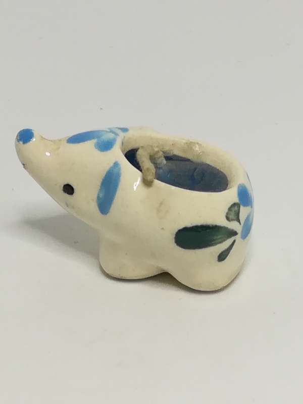 Miniature Ceramic White Candle Elephant with Blue & Green Flower Painting (Miniature, suitable fo...