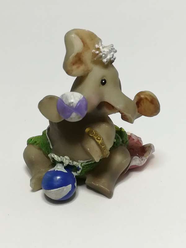 Miniature Elephant Dressed in Green & Pink Attire Playing Catch (Miniature, suitable for printer'...